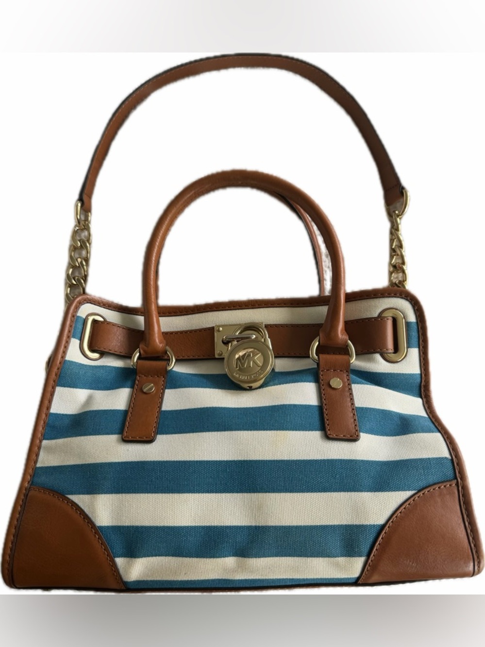 Michael Kors Blue & White Striped Canvas Two-Way Satchel with Brown Leather Trim